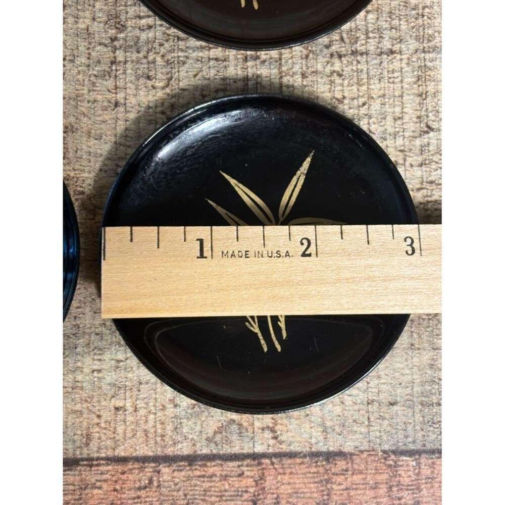 Japanese Lacquered Bamboo (6) Black Coasters Round Box Gold Bamboo Design - Picture 9 of 11